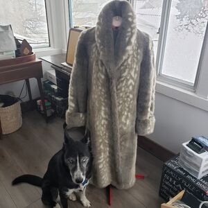 Luxurious Long Faux Fur Coat in Cream and Brown, Vintage Olympia Faux Fur